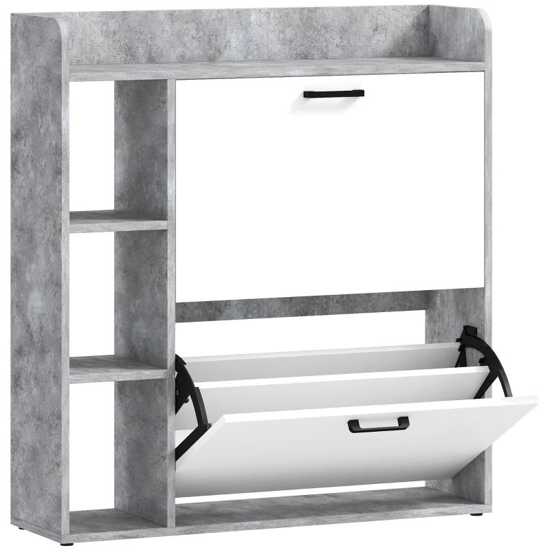 HOMCOM Slim-Schuhschrank mit 2 Klappschubladen und 3 offenen Fächern, Kapazität 15 Paar, 83x24x90,5 cm, Grau