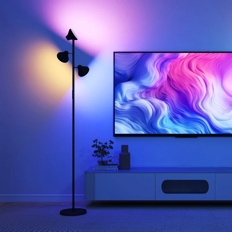 HOMCOM Dimbare vloerlamp met leeslamp, vloerlamp RGB kleurwissel met afstandsbediening touchbediening 3 draaibare koppen Zwart