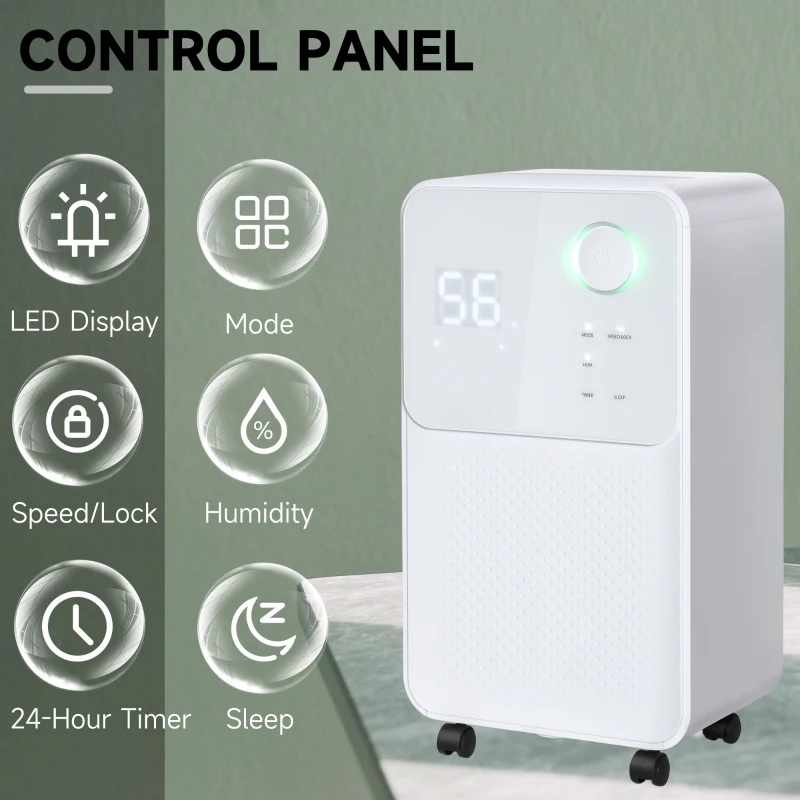 HOMCOM 12L/Day 2000ML Portable Quiet Dehumidifier for Home Laundry Room Bedroom Basement, Electric Moisture Air De-Humidifier