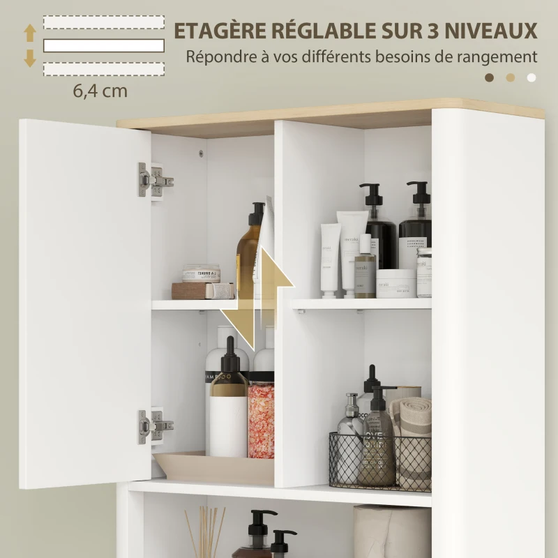 HOMCOM Meuble de rangement au-dessus des toilettes avec porte cannelée, compartiments, étagère réglable, 65x25x170cm, blanc
