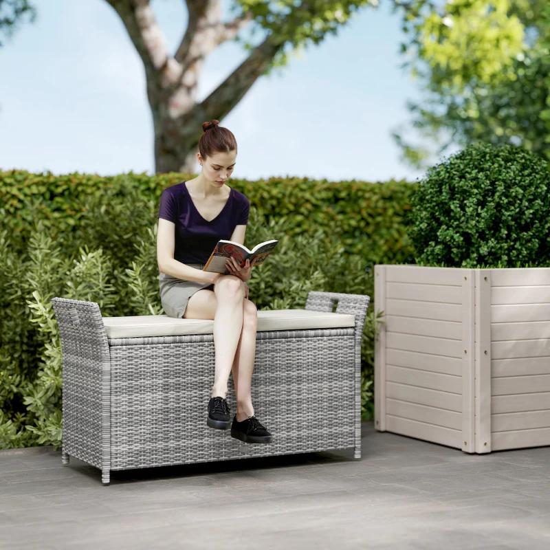 Outsunny Banc coffre de rangement extérieur en résine tressée 250L avec coussin amovible, pour jardin, balcon, blanc