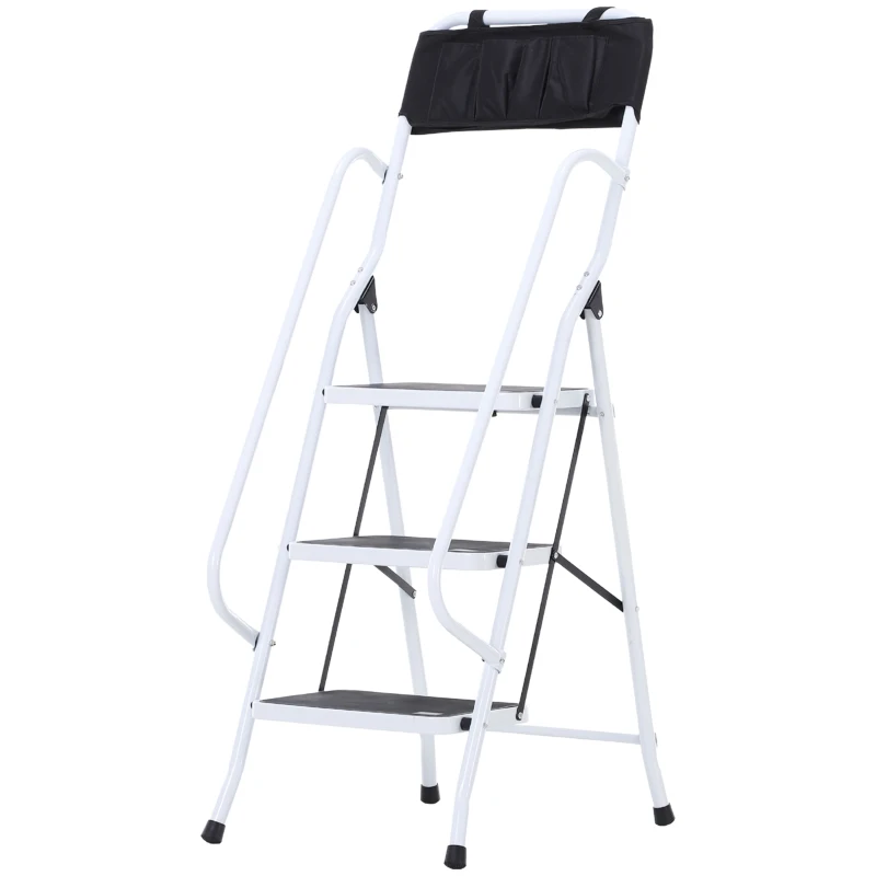 HOMCOM Escabeau pliable 3 marches XL antidérapantes double garde corps hauteur max. 1,31 m charge max. 150 Kg pochette outils intégrée acier blanc noir