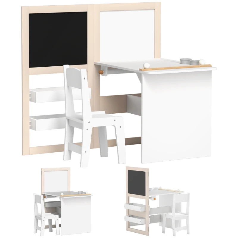 AIYAPLAY 3 in 1 Kids Table and Chair Set with Storage, Whiteboard, Blackboard & Roll Paper for 3-8 Years, White