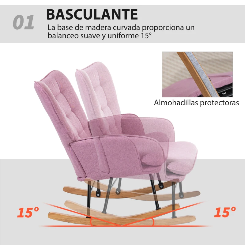 HOMCOM Silla Mecedora con Reposapiés con Cojín Acolchado Reposabrazos Respaldo Alto Patas de Madera Carga 130 kg Rosa