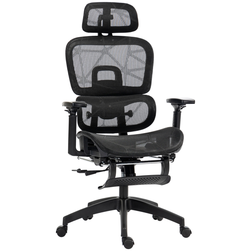 HOMCOM Bürostuhl, Ergonomischer Schreibtischstuhl mit Netzstoffbezug, verstellbar, rollbar, mit Armlehnen, Kopfstütze, Schwarz