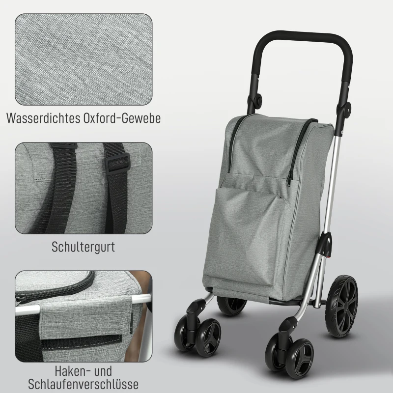 HOMCOM Einkaufstrolley, 46 Liter Tasche, Faltbarer Einkaufswagen mit Kühltasche, verstellbarer Griff, Aluminiumrahmen, Grau