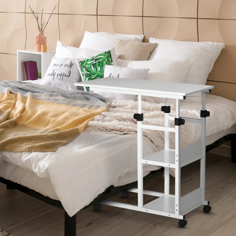 HOMCOM Table d'appoint Bout de canapé Table roulante Table de Lit pour Ordinateur Portable Hauteur réglable - 2 étagères intégrées - cadre métal Blanc