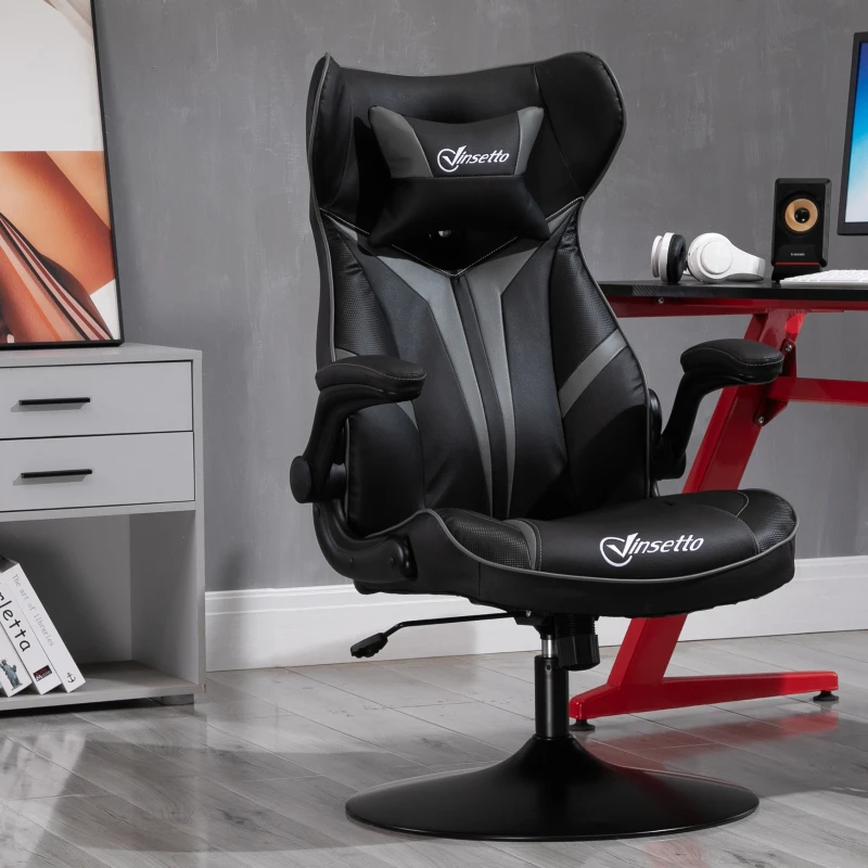 Vinsetto Fauteuil gamer chaise de jeu gaming pivotante 360° ergonomique hauteur réglable accoudoirs revelables coussin têtière inclus revêtement similicuir 67 x 70 x 106-112 cm gris clair et noir