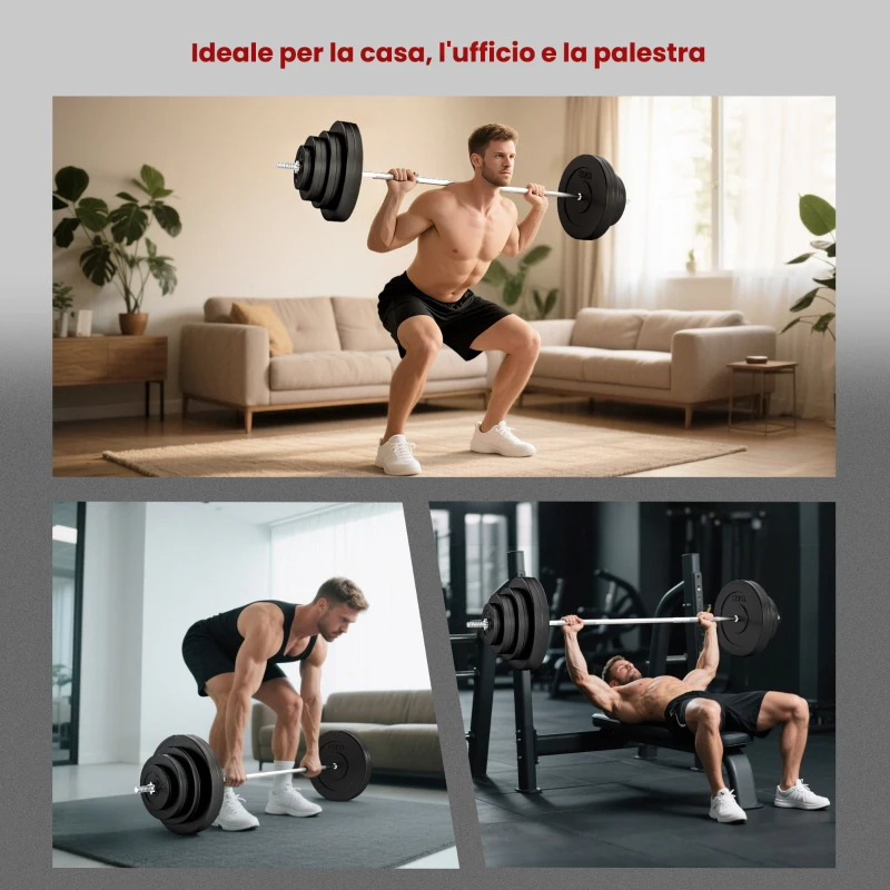 HOMCOM Set di Bilanciere e Dischi da 70 kg totali con 8 Pesi, Bilanciere Palestra Regolabile Antiscivolo in Acciaio, Plastica e Sabbia, Barra Ø25 mm, 170x40.5x40.5cm, Nero