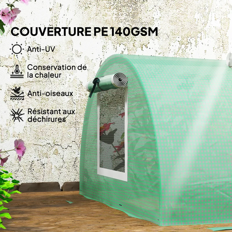 Outsunny Serre de jardin tunnel 5 fenêtres enroulables bâche PE 140 g/㎡ métal époxy 300 x 80 x 45 cm vert