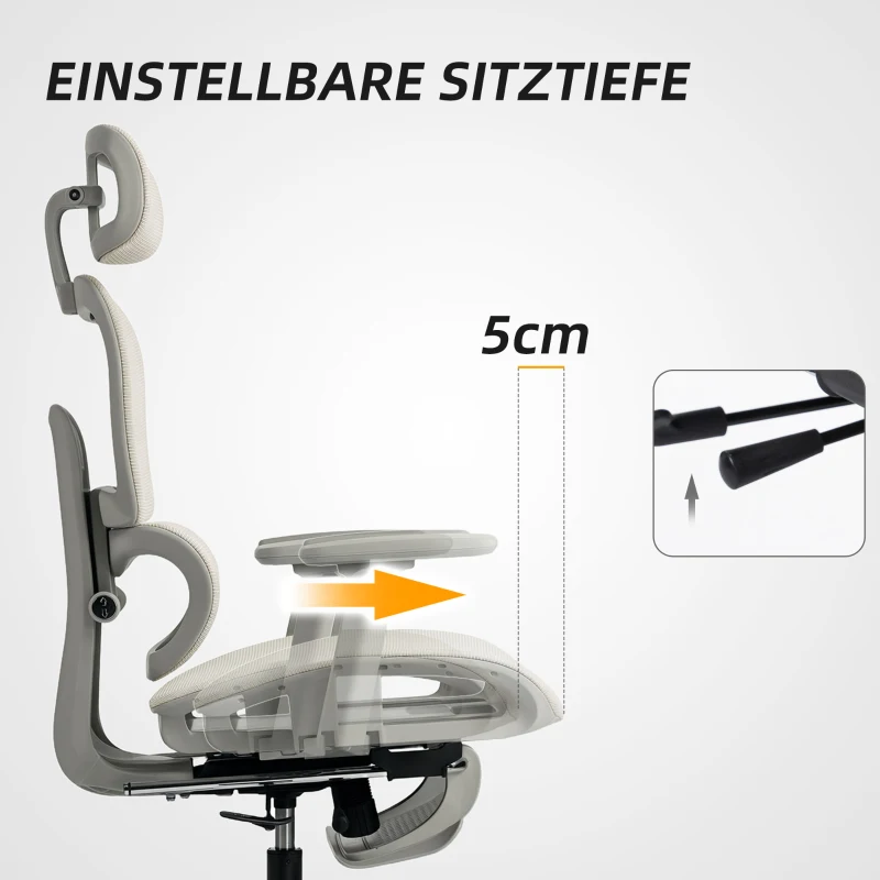 HOMCOM Bürostuhl, Ergonomischer Schreibtischstuhl mit Netzstoffbezug, verstellbar, rollbar, mit Armlehnen, Kopfstütze, Beige