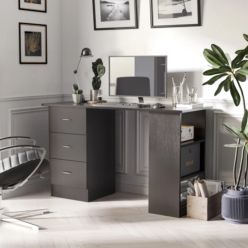 HOMCOM Bureau avec rangement, table informatique 120 x 50 cm, bureau d'ordinateur avec étagères et tiroirs, pour petits espaces, chambre à coucher, noir