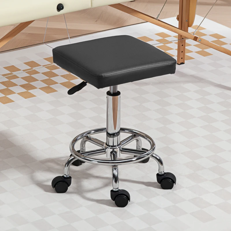 HOMCOM Tabouret à roulettes carré avec hauteur réglable 50-66 cm et repose-pieds, pour massage, tatouage, clinique, spa, noir