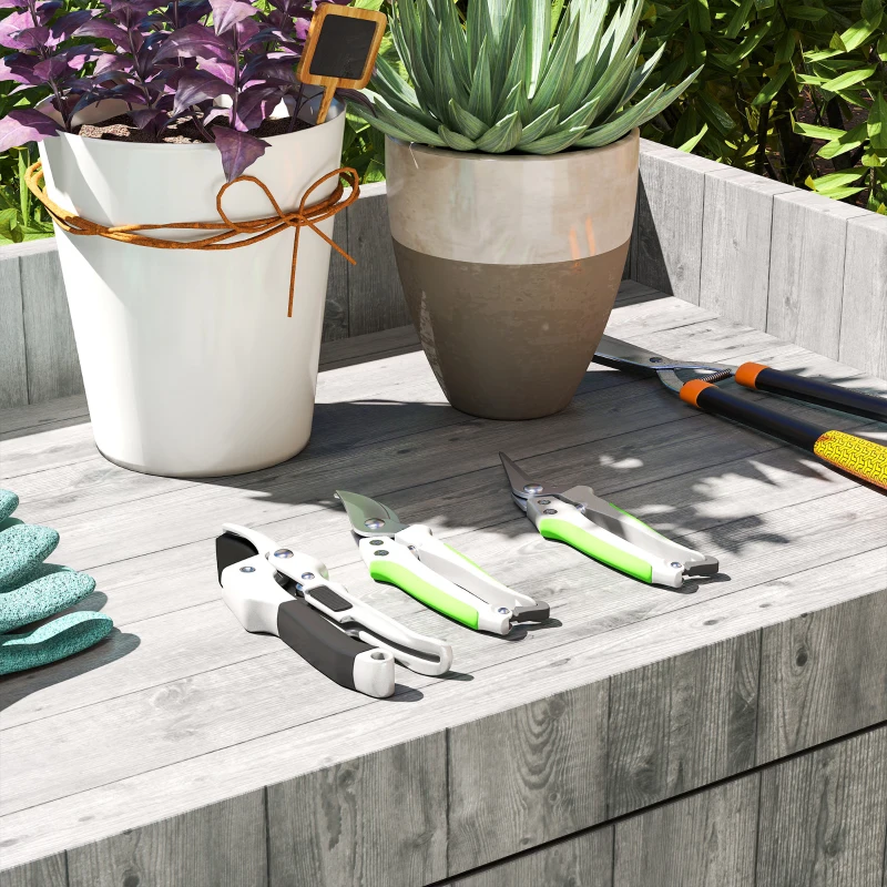 Outsunny Lot de 3 sécateurs de jardin, ensemble de coupe pour jardinage, avec lame tranchante, en métal et aluminium, argent noir