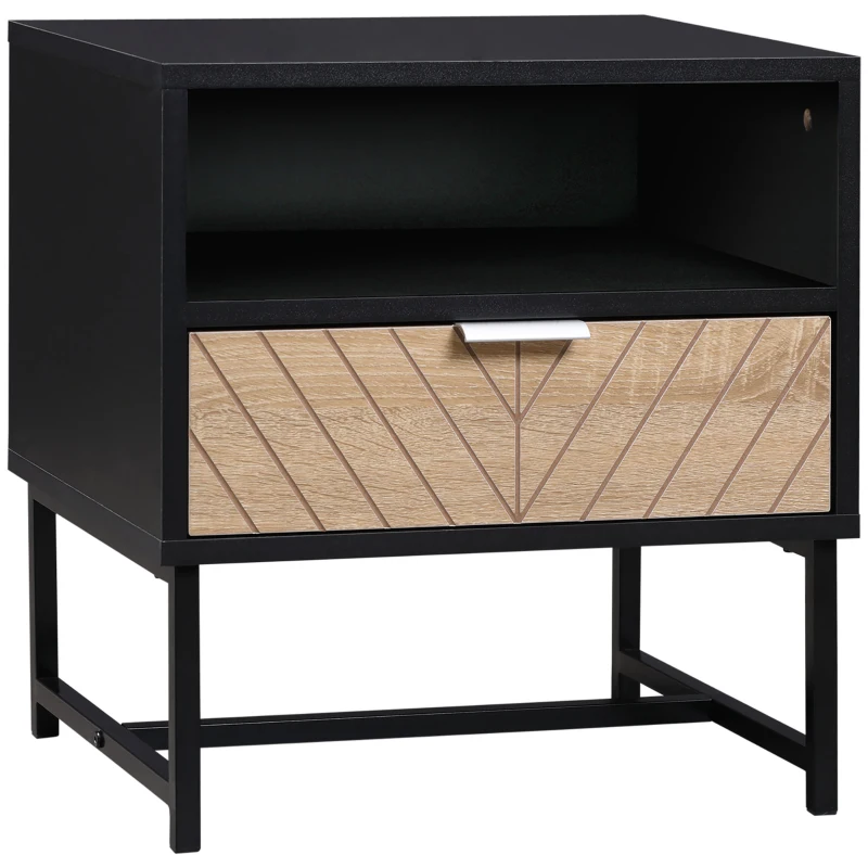 HOMCOM Table de chevet table de nuit style industriel tiroir niche piètement métal aspect bois de chêne sculpté à chevrons noir