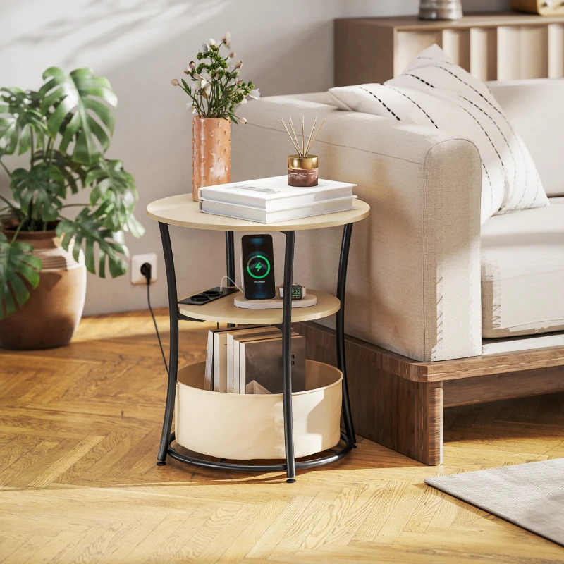 HOMCOM Beistelltisch 3-stufiger Couchtisch mit Ladestation, Stoff-Aufbewahrungstasche, Ablage, 50x50x55,1 cm Naturholz