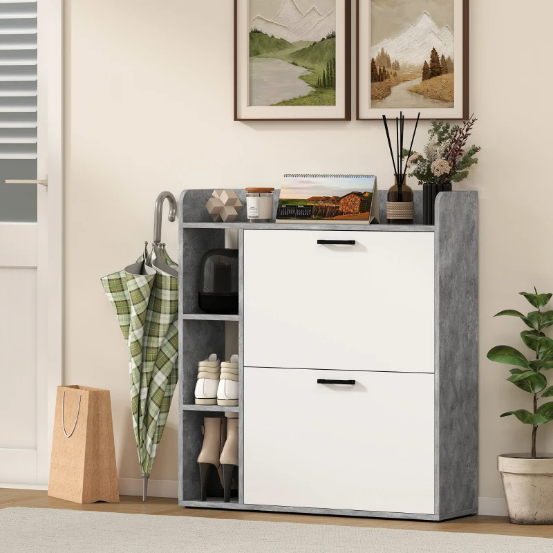 HOMCOM Meuble à chaussures Slim avec 2 Tiroirs basculants et 3 Compartiments ouverts, Capacité 15 Chaussures, 83x24x90,5 cm, Gris