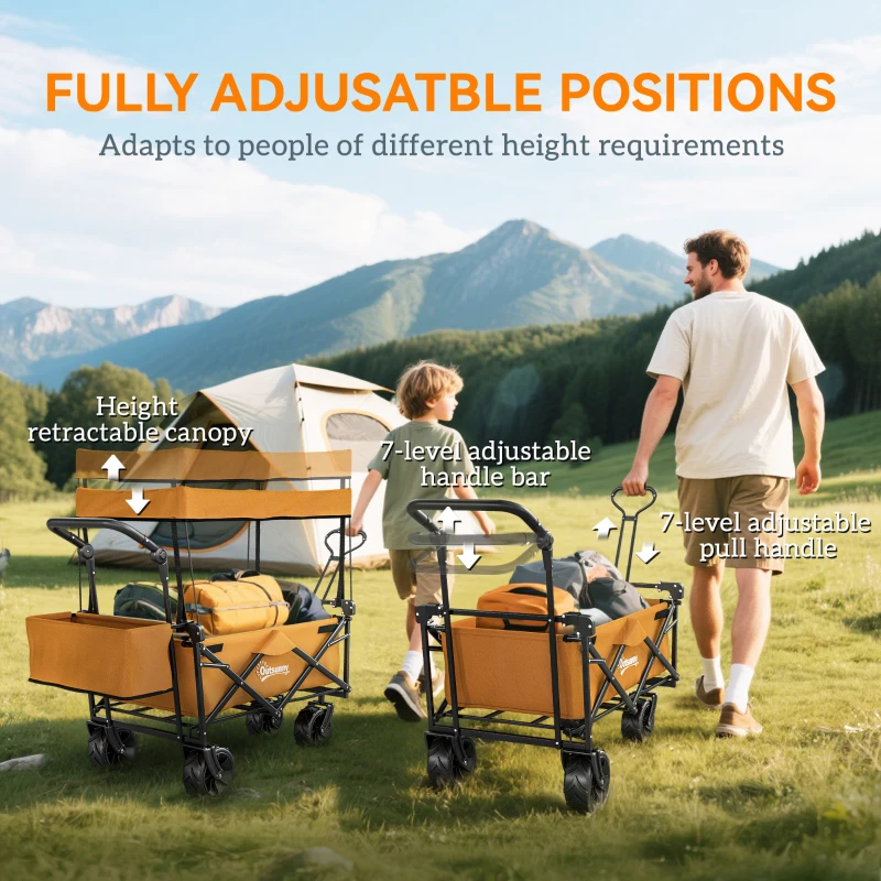Outsunny 120L Festival Trolley on Wheels, Folding Camping Trolley Cart with Removable Canopy, All-Terrain Wheels, Adjustable Handle, Push or Pull for Garden Beach Fishing Shopping, Orange