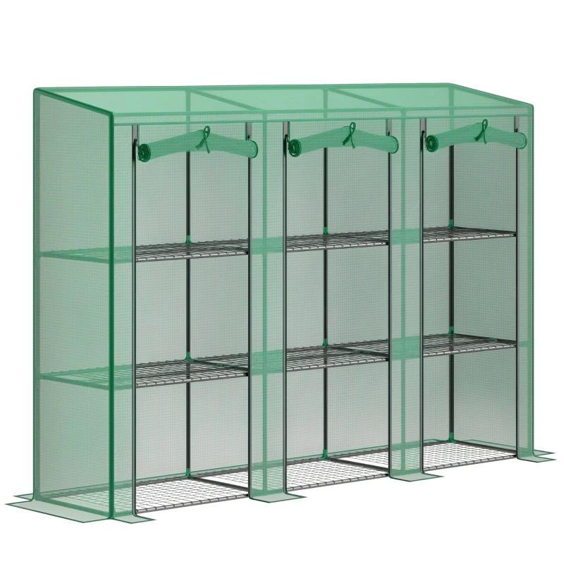 Outsunny 3-Tier Outdoor Greenhouse with Zipper Roll-Up Door 9 Shelves PE Cover 215x46x151cm Green