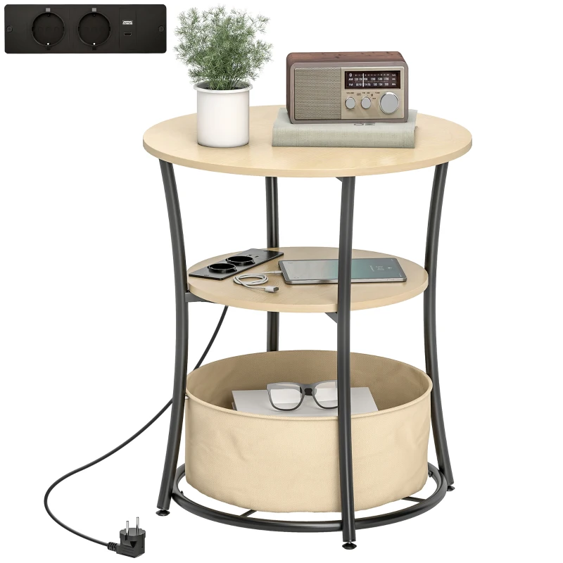 HOMCOM Beistelltisch 3-stufiger Couchtisch mit Ladestation, Stoff-Aufbewahrungstasche, Ablage, 50x50x55,1 cm Naturholz