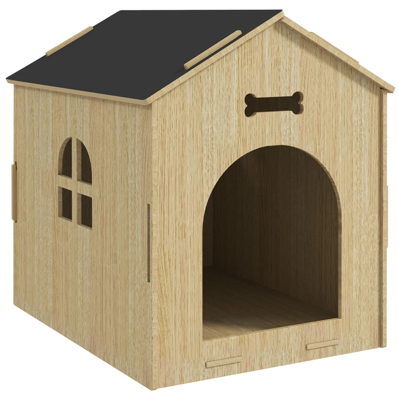 PawHut Niche pour chien intérieur maison chien intérieur en bois avec motifs d'os creux fenêtre 47 x 57 x 58 cm chêne