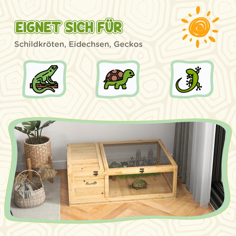 PawHut Schildkrötenhaus aus Holz, Schildkrötengehege mit Haupthäusern, aufklappbare Oberseite, 91 x 60,5 x 32 cm, Gelb(m-7)