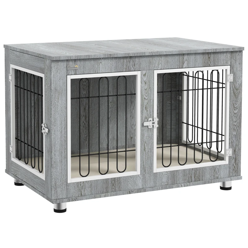 PawHut Cage pour chien animaux cage de chien sur pied avec coussin amovible acier aspect bois 90 x 58 x 65 cm gris