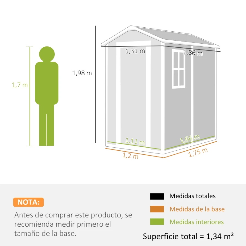 Outsunny Cobertizo de Jardín Exterior 2,1 m² 131x186x198 cm Caseta de Jardín con Suelo Ventana y Puerta con Cerradura Gris