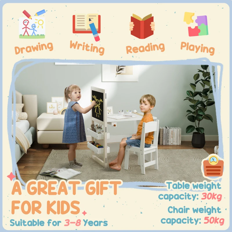 AIYAPLAY 3 in 1 Kids Table and Chair Set with Storage, Whiteboard, Blackboard & Roll Paper for 3-8 Years, White
