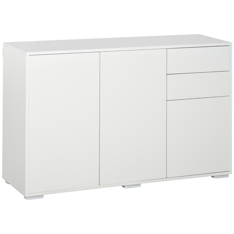HOMCOM Buffet meuble de rangement 2 tiroirs coulissants 3 portes étagère réglable panneaux de particules 117 x 36 x 74 cm blanc