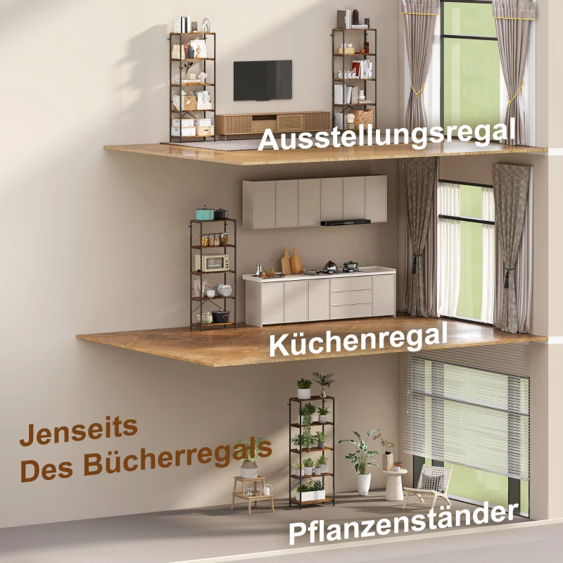 HOMCOM Bücherregal, 5 Ebenen, Metall, Melaminoberfläche, Braun