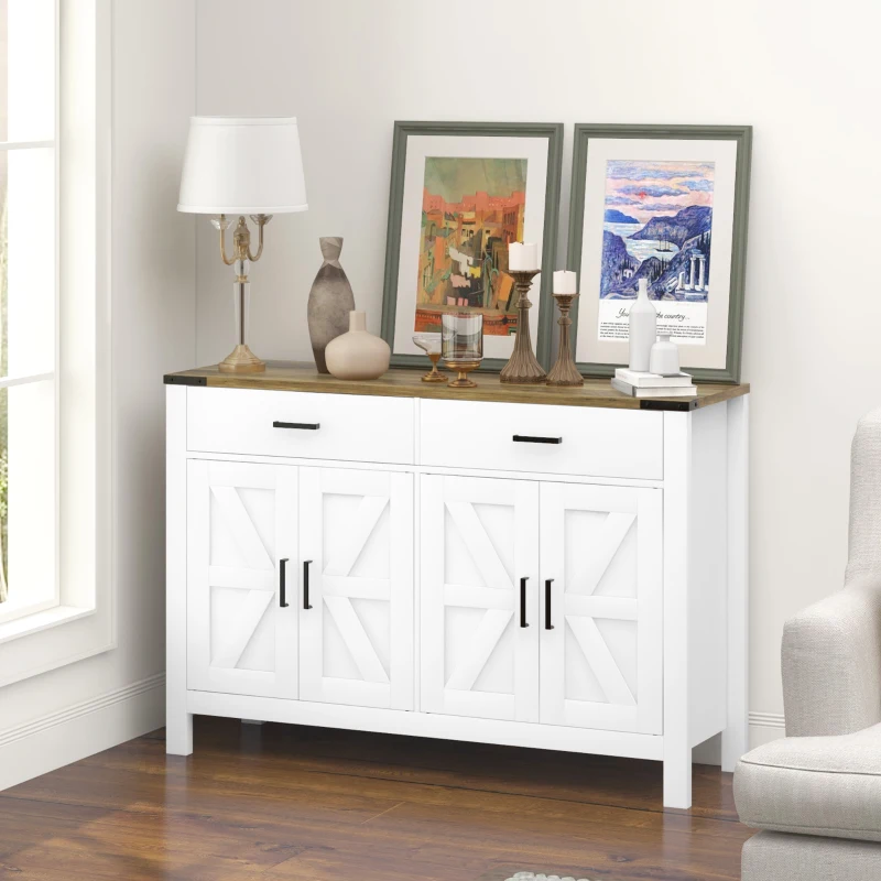 HOMCOM Buffet meuble de rangement style rural 2 tiroirs et 2 placards avec étagères réglables, 120 x 39,3 x 82,5 cm, blanc