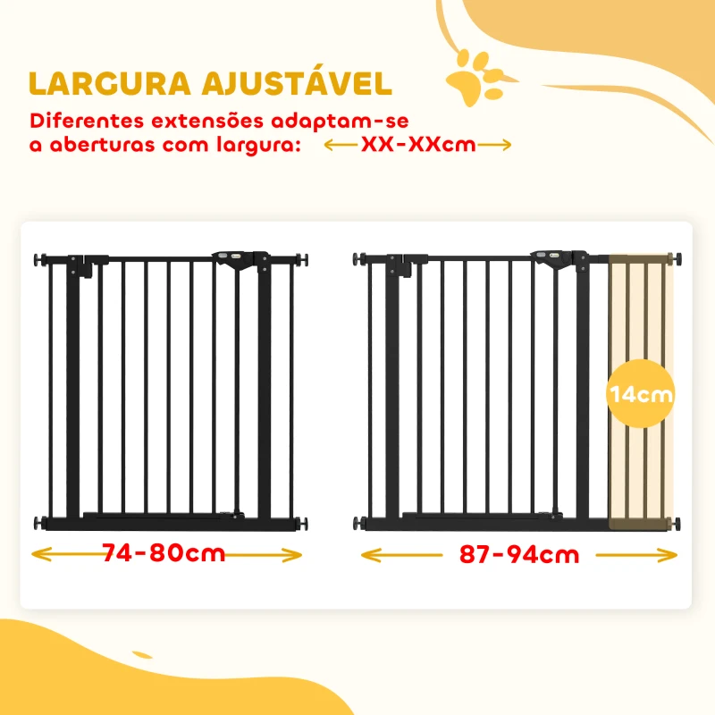 PawHut Barreira de Segurança de Cães para Escadas e Portas 74-94 cm com 1 Extensão Fechamento Automático e Sistema de Duplo Bloqueio Aço Preto