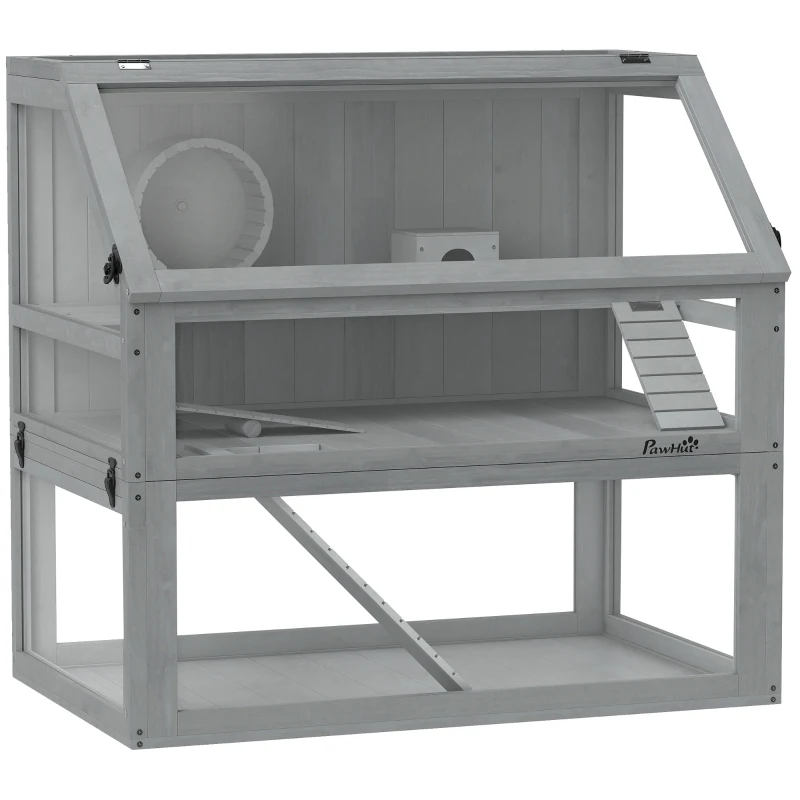 PawHut Cage pour hamster en bois, 3 étages avec sous-sol profond, plateaux amovibles, pour petits animaux, 80x50x76cm, Gris clair