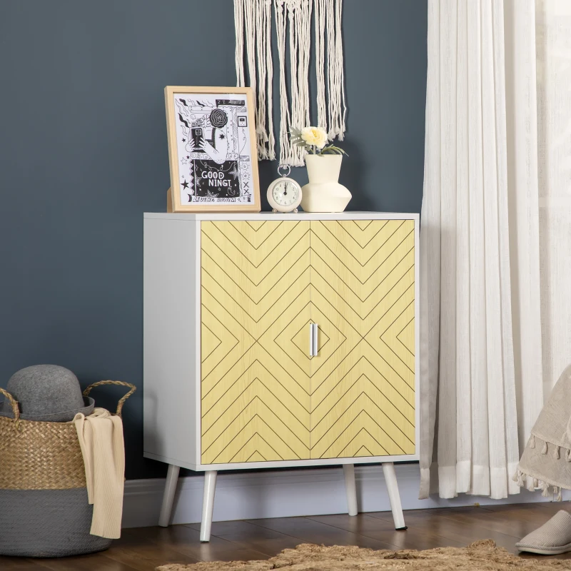 HOMCOM Buffet Meuble de Rangement sur pieds scandinave Placard 2 Portes avec étagère dim. 60L x 40l x 80H cm Blanc Portes Motif Graphique en Bois Clair