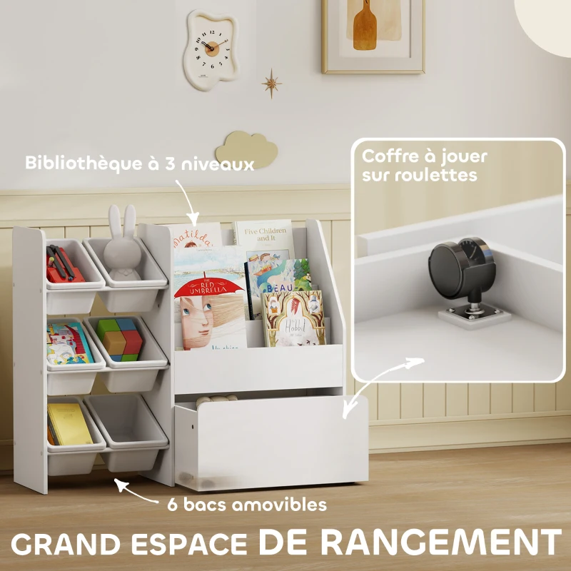 AIYAPLAY Meuble rangement enfant rangement jouet enfant 6 bacs amovibles et grand coffre à roulettes 100 x 30 x 80 cm blanc