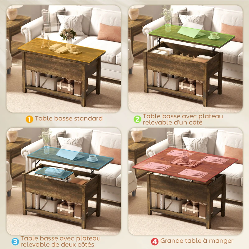 HOMCOM Table basse relevable et extensible table de salon avec compartiment caché étagère ouverte 100x45x50,5cm brun rustique