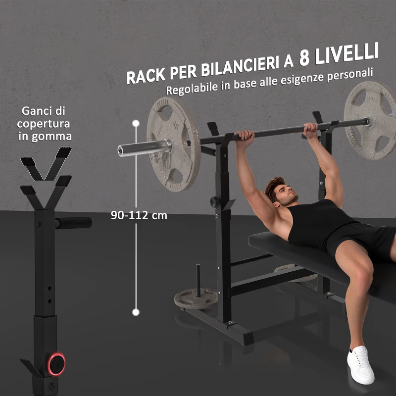HOMCOM Panca Pesi Pieghevole con 8 Altezze Regolabili e Supporto Bilanciere in Acciaio e PU, 140x73x98-122 cm, Nera