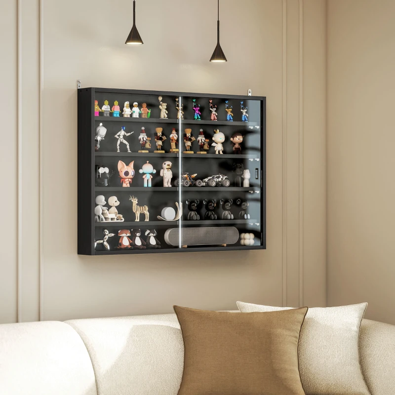 HOMCOM Vitrine murale pour objets de collection 5 étagère réglables en hauteur et 2 portes coulissantes 80 x 9,5 x 60 cm noir