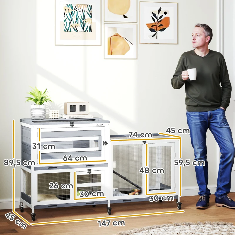 PawHut Clapier pour lapin en bois 2 étages avec roulettes, 3 plateaux, pour 2-3 lapins, 147 x 45 x 89,5 cm, gris