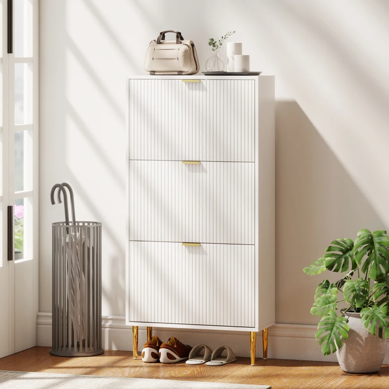 HOMCOM Meuble à chaussures 18 paires avec 3 tiroirs rabattables, portes cannelées et étagères réglables, 60x24x128cm, blanc