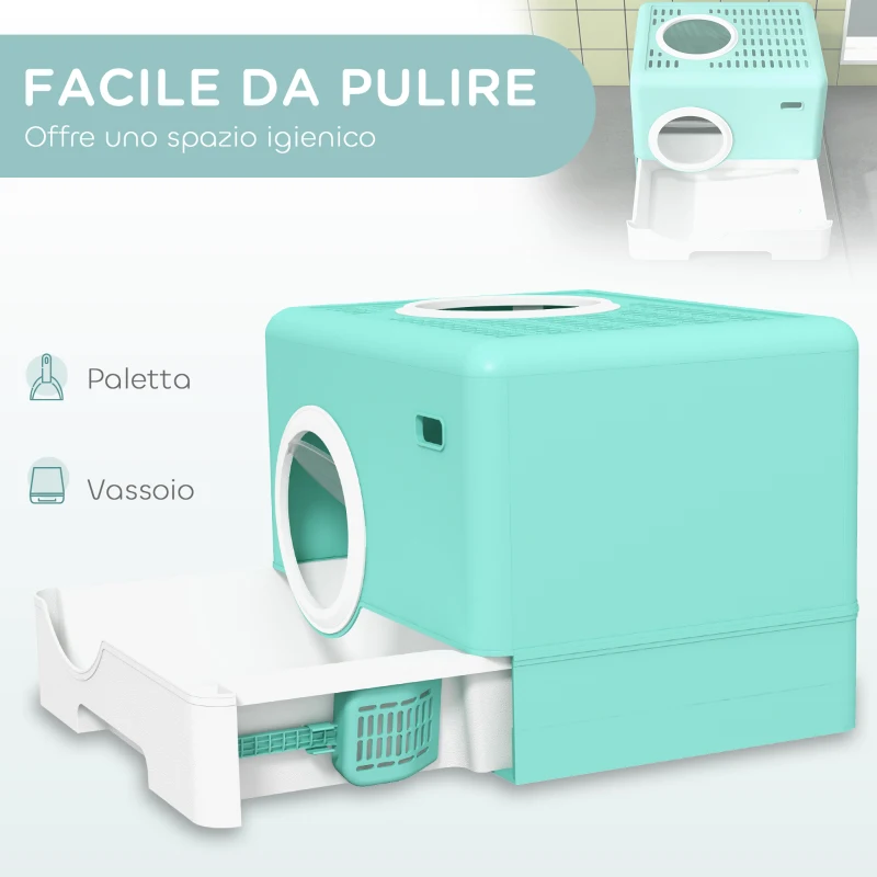 PawHut Lettiera per Gatti con Coperchio e Paletta, Doppio Ingresso e Vassoio Estraibile, 52x41x38.5 cm, Verde