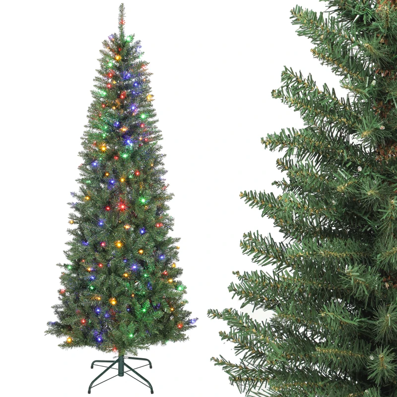 HOMCOM Sapin de Noël artificiel 210 cm, arbre de Noël fin avec 350 lumières, 1273 pointes, support en métal pliable, vert