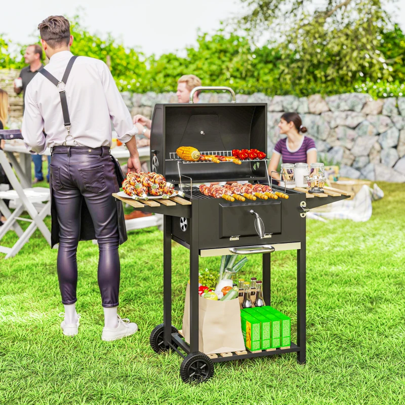 Outsunny Barbecue charbon de bois réglable en hauteur avec grille, couvercle, thermomètre, étagères, roues et décapsuleur, noir
