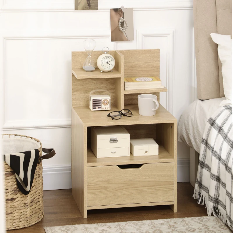 HOMCOM Table de chevet table de nuit avec tiroir, niche et étagères de rangement effet bois 45 x 35 x 73 cm naturel