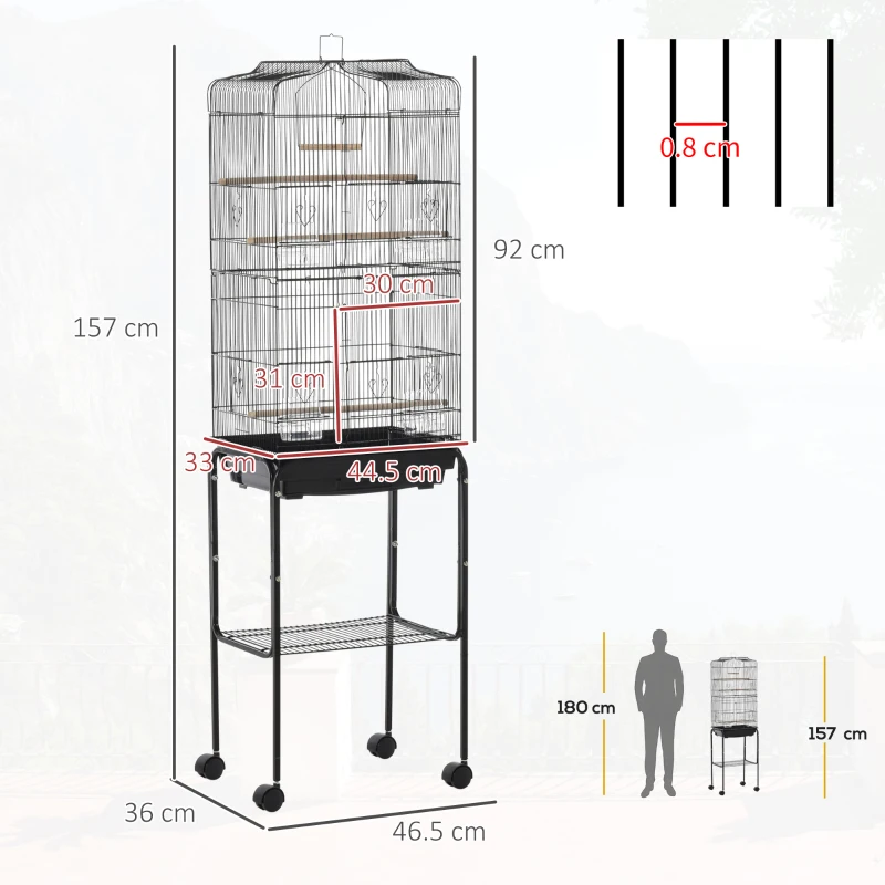 PawHut Bird Cage Budgie Cages for Finch Canary Parakeet with Stand Wheels Slide-out Tray Accessories Storage Shelf, Black 46.5 x 36 x 157 cm