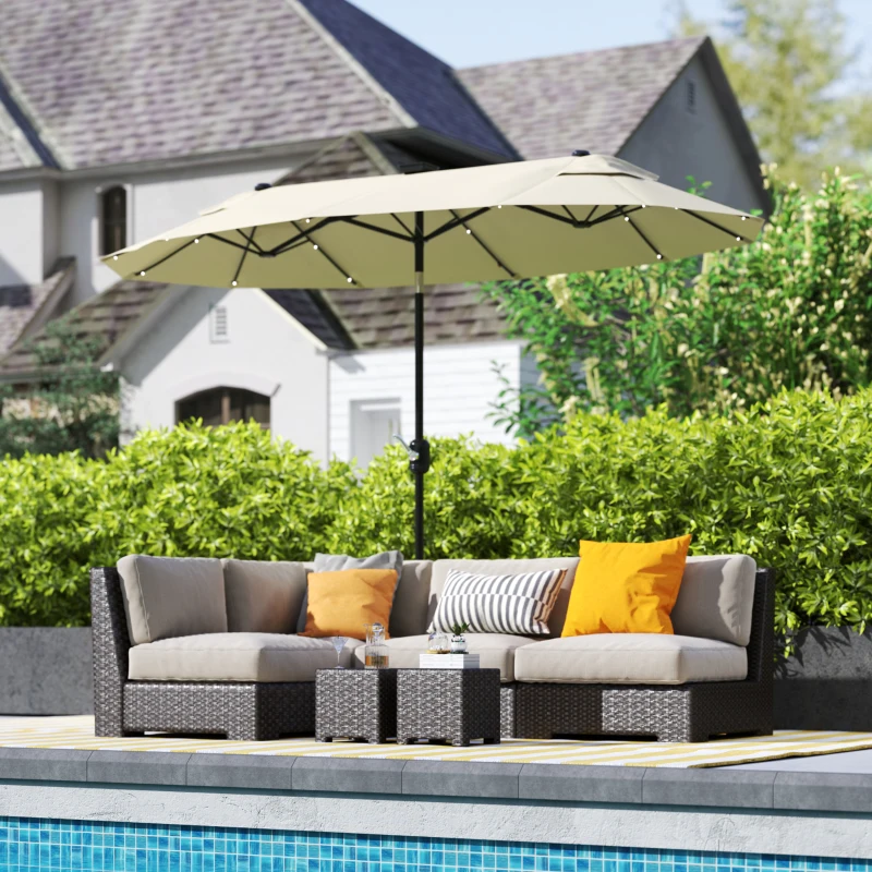 Outsunny Ombrellone Doppio con Luci LED e Base a Croce, in Poliestere e Acciaio, 295x150x219 cm, Bianco Crema