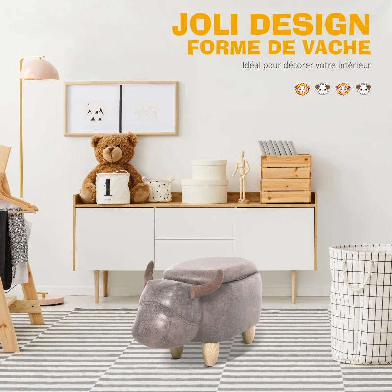 HOMCOM Tabouret Vache - Pouf Vachette - Pouf Taureau Coffre de Rangement 2 en 1 - Pieds Bois d'hévéa revêtement synthétique Aspect Daim Vieilli Marron