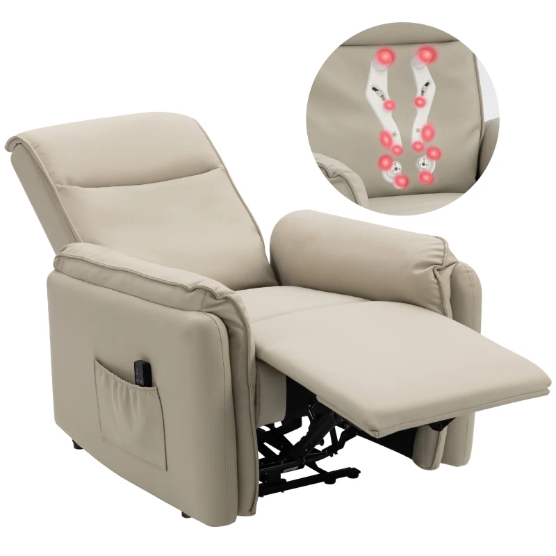 HOMCOM Elektrischer Massagesessel, Kunstlederbezug, Fußstütze, Seitentasche, Beige