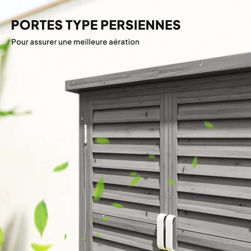 Outsunny Armoire de jardin remise pour outils sur pied étagère portes persiennes toit bitumé bois sapin 87L x 46,5l x 96,5H cm gris